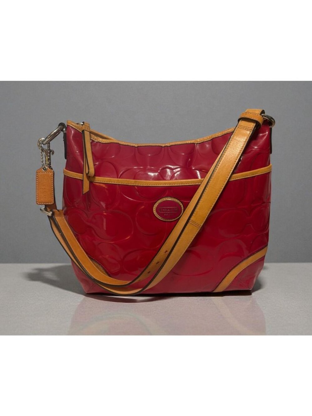 Coach Peyton Embossed C Patent Leather Hobo F20022 Pink Cerise Tan Trim Converts